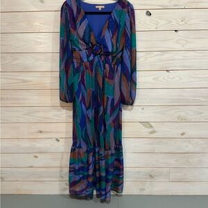 Blue and Green Long Sleeve Sundress with V-Neck